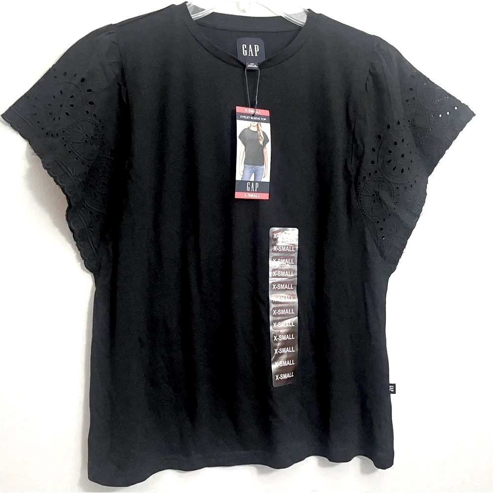 GAP Short Sleeve Crew Neck Top Womens XS‎ Black Casual NWT Eyelet Sleeve